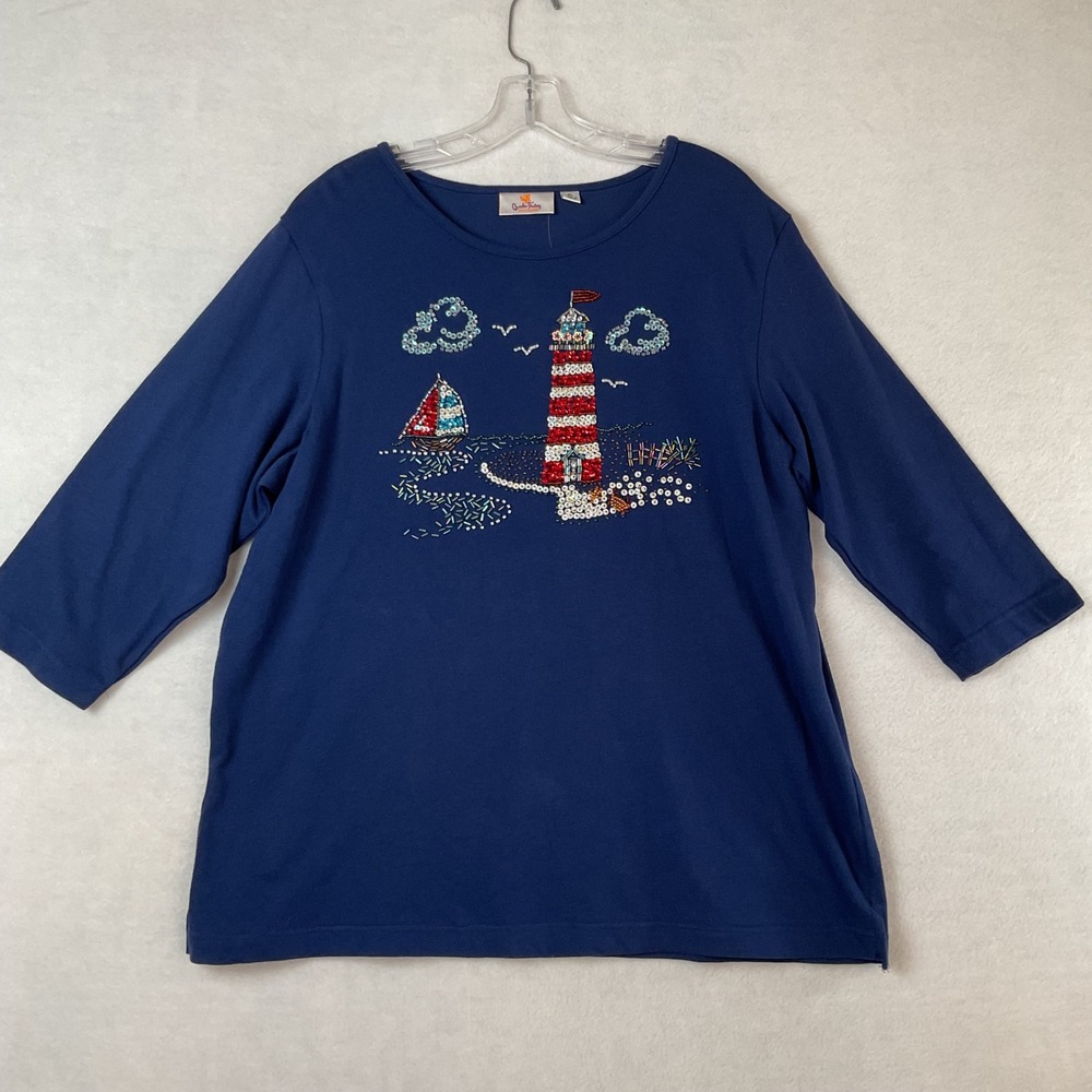 Quacker Factory XL Navy Blue Nautical‎ Lighthouse Sailboat Sequin 3/4 Sleeve Top